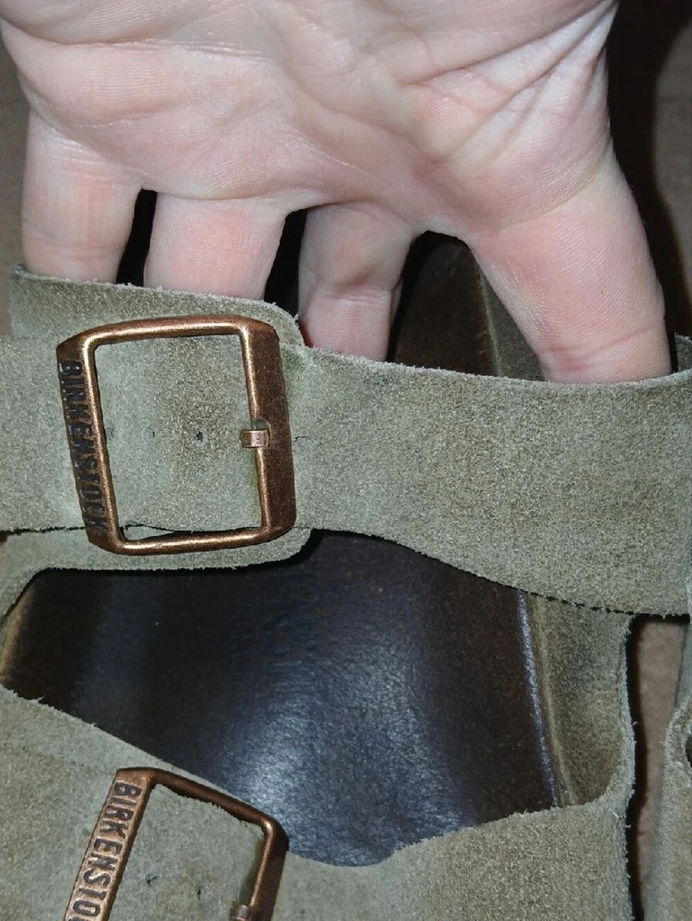 Birkenstock Olive Suede Double-Buckle Sandals with Bronze Buckles Sz: W 10 M 8